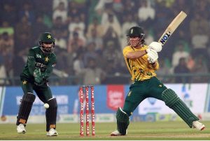 South Africa batter Matthew Breetzke bowled out by Mohammad Nawaz during the Third T20 international cricket match between Pakistan and South Africa at the Gaddafi Stadium.