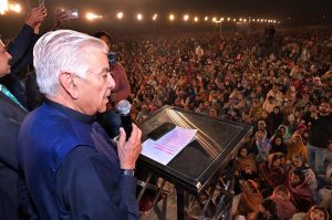 Defense Minister Khawaja Muhammad Asif addressing a prayer ceremony for the Christian community at City Ground