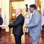 H.E. Tim Kane, High Commissioner designate of Australia; H.E. Munsoo Kurrimbaccus, High Commissioner designate of Mauritius; H.E. Maja Mortensen, Ambassador designate of Denmark; and H.E. Mr Salem Mohammed Salem Al Bawab Al Zaabi, Ambassador designate of the United Arab Emirates, presenting their credentials to President Asif Ali Zardari at Aiwan-e-Sadr