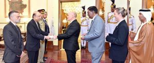 H.E. Tim Kane, High Commissioner designate of Australia; H.E. Munsoo Kurrimbaccus, High Commissioner designate of Mauritius; H.E. Maja Mortensen, Ambassador designate of Denmark; and H.E. Mr Salem Mohammed Salem Al Bawab Al Zaabi, Ambassador designate of the United Arab Emirates, presenting their credentials to President Asif Ali Zardari at Aiwan-e-Sadr