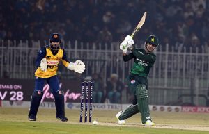 Pakistani batter Sahibzada Farhan plays a shot during the T20I Tri-Nation Series match between Sri Lanka and Pakistan at Pindi Cricket Stadium