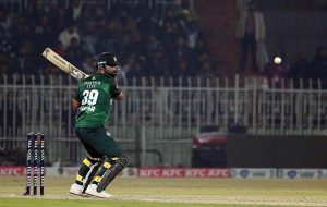Pakistani batter Fakhar Zamna plays a shot during the Pakistan T20I Tri-Nation Series cricket match between Zimbabwe and Pakistan at Pindi Cricket Stadium