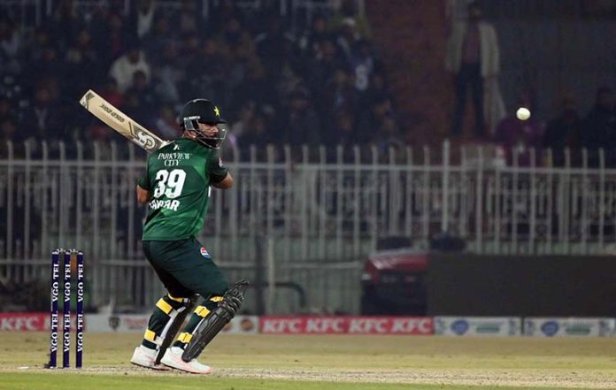 Pakistani batter Fakhar Zamna plays a shot during the Pakistan T20I Tri-Nation Series cricket match between Zimbabwe and Pakistan at Pindi Cricket Stadium