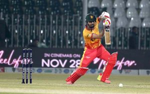 Zimbabwe’s batter Brendan Taylor plays a shot during the Pakistan T20I Tri-Nation Series cricket match between Zimbabwe and Sri Lanka at Pindi Cricket Stadium.