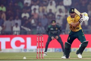 South Africa batter Matthew Breetzke bowled out by Mohammad Nawaz during the Third T20 international cricket match between Pakistan and South Africa at the Gaddafi Stadium.