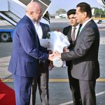 Speaker National Assembly Sardar Ayaz Sadiq welcomes Speaker of the Islamic Consultative Assembly of Iran Mohammad Bagher Ghalibaf on his arrival at Nur Khan Airbase