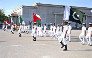 Commodore Commandant Zia Ur Rehman T (M) addresses the opening ceremony of the 5th International Nautical Competition 2025 at Pakistan Naval Academy.