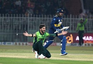 Pakistan players celebrates a wicket of Sri Lankan batter Kamindu Mendis during the 3rd one day international cricket match between Pakistan and Sri Lanka at Pindi Cricket Stadium.