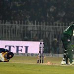 Pakistani batter Saim Ayub is stumped out during the T20I Tri-Nation Series match between Sri Lanka and Pakistan at Pindi Cricket Stadium