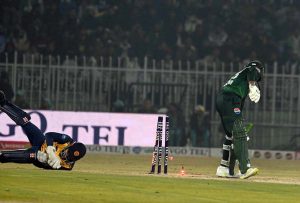 Pakistani batter Saim Ayub is stumped out during the T20I Tri-Nation Series match between Sri Lanka and Pakistan at Pindi Cricket Stadium