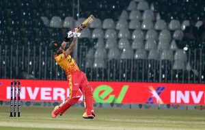 Zimbabwe’s batter Brendan Taylor plays a shot during the Pakistan T20I Tri-Nation Series cricket match between Zimbabwe and Sri Lanka at Pindi Cricket Stadium.