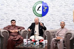 Political Secretary of PPP Chairman, MPA Jameel Ahmed Soomro addressing a Press Conference at Larkana Press Club.