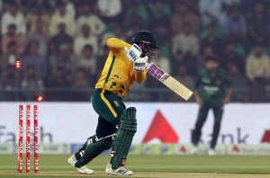 South Africa batter Matthew Breetzke bowled out by Mohammad Nawaz during the Third T20 international cricket match between Pakistan and South Africa at the Gaddafi Stadium.