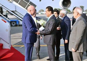 Speaker National Assembly Sardar Ayaz Sadiq welcomes Speaker of the Islamic Consultative Assembly of Iran Mohammad Bagher Ghalibaf on his arrival at Nur Khan Airbase