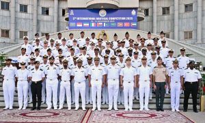 Commodore Commandant Zia Ur Rehman T (M) addresses the opening ceremony of the 5th International Nautical Competition 2025 at Pakistan Naval Academy.