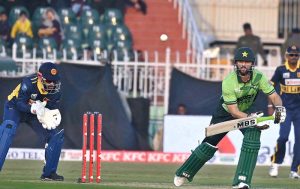 Pakistani batsman Hussain Talat plays a shot during the first ODI between Pakistan and Sri Lanka at Rawalpindi Cricket Stadium.