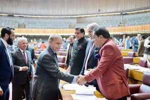 Prime Minister Muhammad Shehbaz Sharif interacts with the MNAs during the National Assembly session