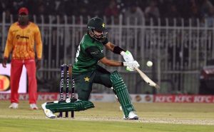 Pakistani batter Fakhar Zamna plays a shot during the Pakistan T20I Tri-Nation Series cricket match between Zimbabwe and Pakistan at Pindi Cricket Stadium