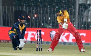 Zimbabwe’s batter Brendan Taylor plays a shot during the Pakistan T20I Tri-Nation Series cricket match between Zimbabwe and Sri Lanka at Pindi Cricket Stadium.