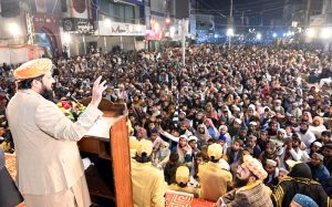 Secretary General of Jamiat Ulema-e-Islam Sindh Maulana Rashid Mahmood Soomro addressing to Shuhda-e-Islam Conference on the occasion of Yom-e-Shahadat of Ex-Senator Dr. Khalid Mehmood Soomro on late friday night at Royal Chowk.