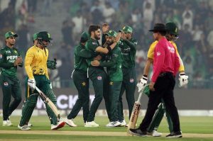 South Africa batter Matthew Breetzke bowled out by Mohammad Nawaz during the Third T20 international cricket match between Pakistan and South Africa at the Gaddafi Stadium.