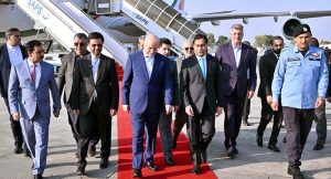 Speaker National Assembly Sardar Ayaz Sadiq welcomes Speaker of the Islamic Consultative Assembly of Iran Mohammad Bagher Ghalibaf at Nur Khan Airbase