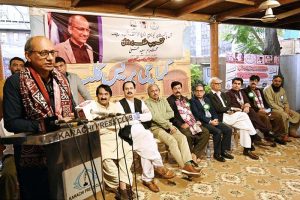 Sindh Minister for Labour Saeed Ghani addresses oath taking ceremony of All Pakistan Newspapers Employees Confederation (APNEC) at Karachi Press Club.