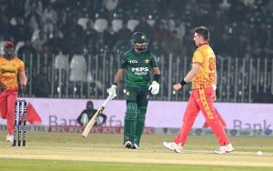 Zimbabwe batsman Tadiwanashe Marumani plays a shot during the Pakistan T20I Tri-Nation Series cricket match against Pakistan in Rawalpindi stadium