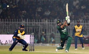 Pakistani batter Saim Ayub is stumped out during the T20I Tri-Nation Series match between Sri Lanka and Pakistan at Pindi Cricket Stadium