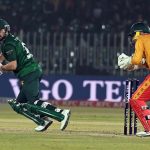 Pakistani batter Muhammad Nawaz plays a shot during the Pakistan T20I Tri-Nation Series cricket match between Zimbabwe and Pakistan at Pindi Cricket Stadium