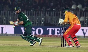 Pakistani batter Muhammad Nawaz plays a shot during the Pakistan T20I Tri-Nation Series cricket match between Zimbabwe and Pakistan at Pindi Cricket Stadium