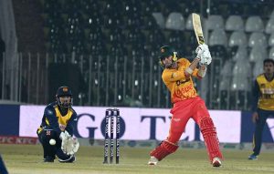 Zimbabwe’s batter Brendan Taylor plays a shot during the Pakistan T20I Tri-Nation Series cricket match between Zimbabwe and Sri Lanka at Pindi Cricket Stadium.