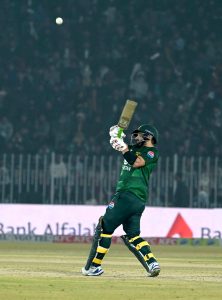 Pakistan’s Sahibzada Farhan plays a shot during the T20I Tri-Nation Series final match against Sri Lanka at the Rawalpindi Cricket Stadium.