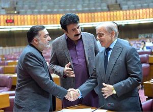 Prime Minister Muhammad Shehbaz Sharif interacts with the MNAs during the National Assembly session