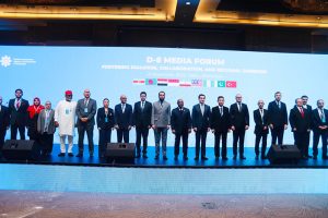 Federal Minister for Information and Broadcasting, Attaullah Tarar, in a group photo with delegates from different countries participating in the D-8 Media Forum