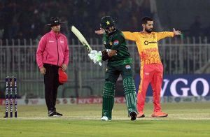 Pakistani batter Muhammad Nawaz plays a shot during the Pakistan T20I Tri-Nation Series cricket match between Zimbabwe and Pakistan at Pindi Cricket Stadium