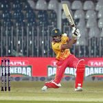 Zimbabwe’s batter Tashinga Musekiwa plays a shot during the Pakistan T20I Tri-Nation Series cricket match between Zimbabwe and Sri Lanka at Pindi Cricket Stadium.