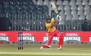 Zimbabwe’s batter Tashinga Musekiwa plays a shot during the Pakistan T20I Tri-Nation Series cricket match between Zimbabwe and Sri Lanka at Pindi Cricket Stadium.