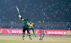 Pakistan’s Sahibzada Farhan plays a shot during the T20I Tri-Nation Series final match against Sri Lanka at the Rawalpindi Cricket Stadium.