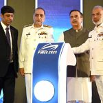 Chief Guest Federal Minister for Maritime Affairs Muhammad Junaid Anwar Chaudhry along with Chief of Staff (Vice Chief of Naval Staff) Vice Admiral Raja Rab Nawaz, Vice Admiral Muhammad Faisal Abbasi HI (M) Commander Karachi inaugurating Future PIMEC-2027 during closing ceremony on the last day of the Pakistan International Maritime Expo & Conference PIMEC -2025 at Expo Centre