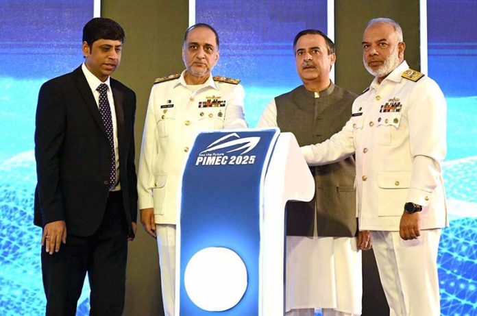 Chief Guest Federal Minister for Maritime Affairs Muhammad Junaid Anwar Chaudhry along with Chief of Staff (Vice Chief of Naval Staff) Vice Admiral Raja Rab Nawaz, Vice Admiral Muhammad Faisal Abbasi HI (M) Commander Karachi inaugurating Future PIMEC-2027 during closing ceremony on the last day of the Pakistan International Maritime Expo & Conference PIMEC -2025 at Expo Centre
