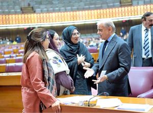 Prime Minister Muhammad Shehbaz Sharif interacts with the MNAs during the National Assembly session