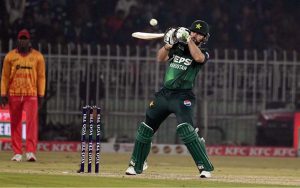 Pakistani batter Muhammad Nawaz plays a shot during the Pakistan T20I Tri-Nation Series cricket match between Zimbabwe and Pakistan at Pindi Cricket Stadium