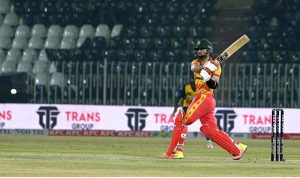 Zimbabwe’s batter Tashinga Musekiwa plays a shot during the Pakistan T20I Tri-Nation Series cricket match between Zimbabwe and Sri Lanka at Pindi Cricket Stadium.