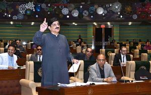 Sindh Chief Minister Syed Murad Ali Shah speaks on a resolution condemning the recent statements made by the Indian Defence Minister during the Sindh Assembly session.