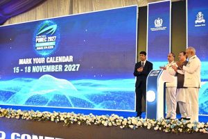 Chief Guest Federal Minister for Maritime Affairs Muhammad Junaid Anwar Chaudhry along with Chief of Staff (Vice Chief of Naval Staff) Vice Admiral Raja Rab Nawaz, Vice Admiral Muhammad Faisal Abbasi HI (M) Commander Karachi inaugurating Future PIMEC-2027 during closing ceremony on the last day of the Pakistan International Maritime Expo & Conference PIMEC -2025 at Expo Centre