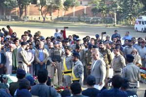Federal Minister for Communications Abdul Aleem Khan attends the funeral prayers of Motorway Police martyrs