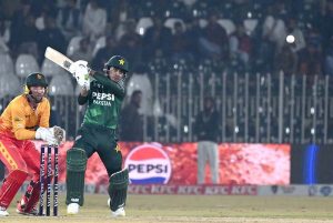 Zimbabwe batsman Tadiwanashe Marumani plays a shot during the Pakistan T20I Tri-Nation Series cricket match against Pakistan in Rawalpindi stadium