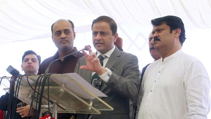 Chairman Water Corporation and Mayor Karachi Barrister, Murtaza Wahab is addressing a ceremony held at the Water Corporation's headquarters in Sharjah Faisal Karsaz after the provision of Karachi Water Corporation's first police station suction machines and the inauguration of four charging stations for electric vehicles