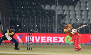 Zimbabwe’s batter Tashinga Musekiwa plays a shot during the Pakistan T20I Tri-Nation Series cricket match between Zimbabwe and Sri Lanka at Pindi Cricket Stadium.